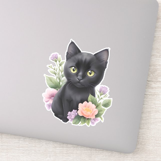 Cute Black Cat Floral Whimsical  (Detail)