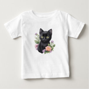 Cute Black Cat Floral Whimsical  Baby T-Shirt