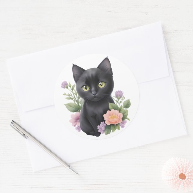 Cute Black Cat Floral Whimsical  Classic Round Sticker (Envelope)