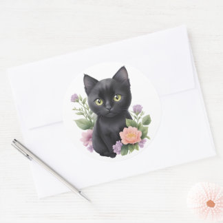 Cute Black Cat Floral Whimsical  Classic Round Sticker