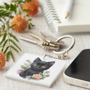 Cute Black Cat Floral Whimsical  Key Ring