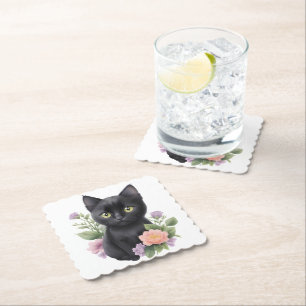 Cute Black Cat Floral Whimsical Paper Coaster