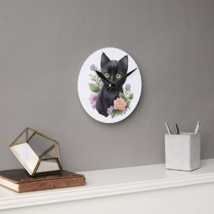 Cute Black Cat Floral Whimsical  Round Clock