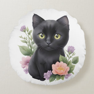 Cute Black Cat Floral Whimsical Round Cushion