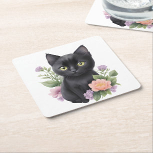 Cute Black Cat Floral Whimsical  Square Paper Coaster