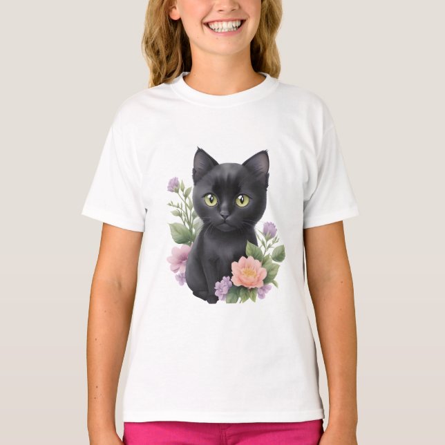 Cute Black Cat Floral Whimsical  T-Shirt (Front)