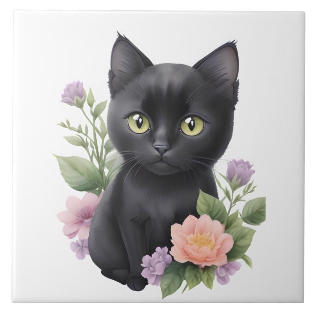Cute Black Cat Floral Whimsical  Tile (Front)