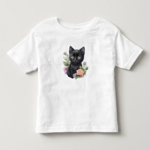 Cute Black Cat Floral Whimsical Toddler T-Shirt
