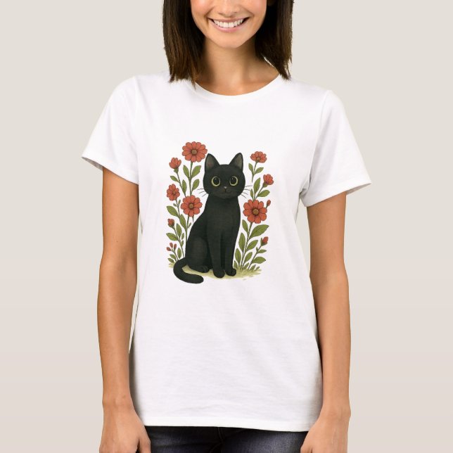Cute Black Cat & Flower Garden Women’s Tee (Front)