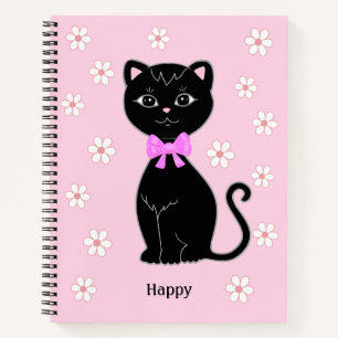 Cute Black Cat & Flowers on Light Pink Notebook