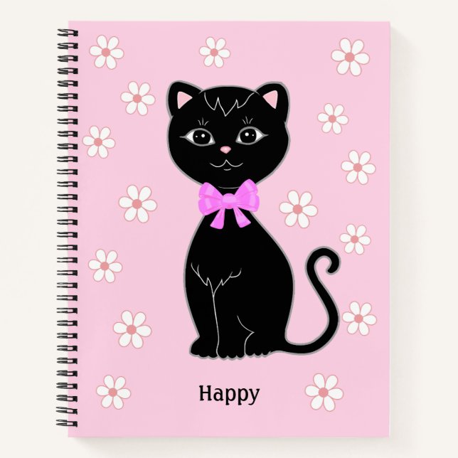 Cute Black Cat & Flowers on Light Pink Notebook (Front)