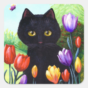 Cute Black Cat Flowers Tulips Creationarts Square Sticker