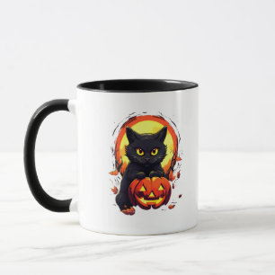 Cute Black Cat Full Moon Pumpkin Modern Halloween Mug