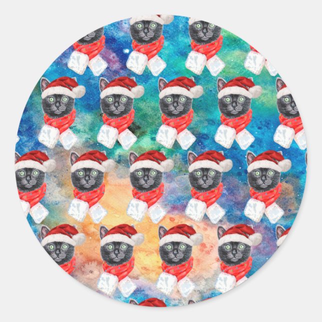 Cute Black Cat Funny Christmas Holidays Classic Round Sticker (Front)