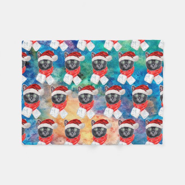 Cute Black Cat Funny Christmas Holidays Fleece Blanket (Front (Horizontal))