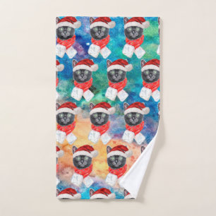 Cute Black Cat Funny Christmas Holidays Hand Towel