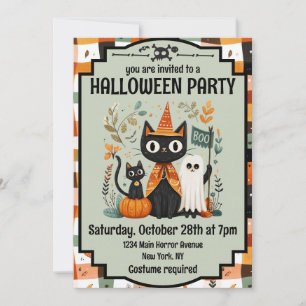 Cute Black Cat & Ghost Halloween Boo Invitation