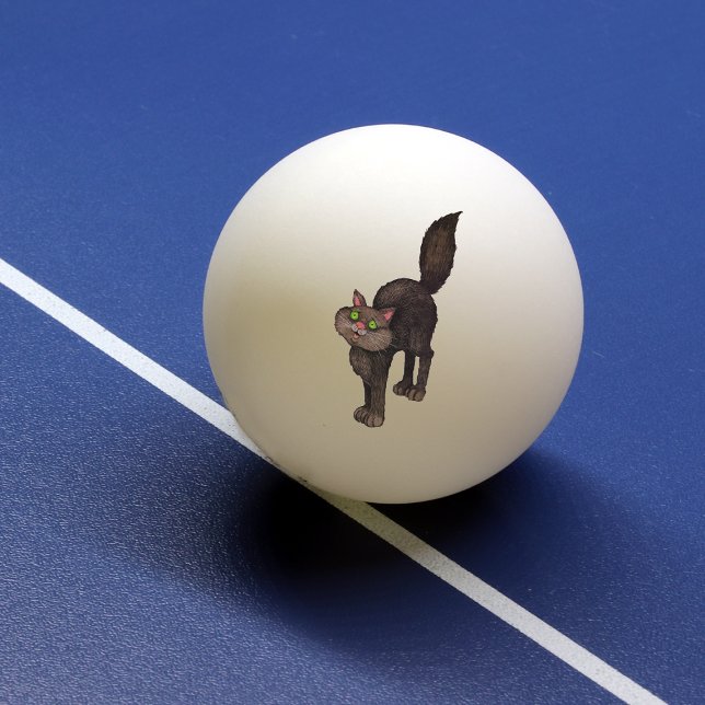 Cute Black Cat Green Eyes Ping Pong Ball (Cute black cat with arched back bushy tail and green eyes on ping pong balls.)