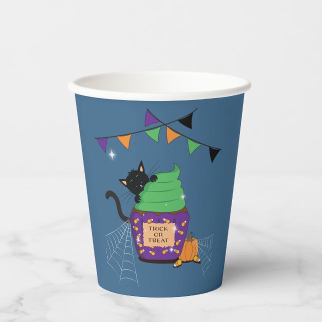 Cute Black Cat Halloween Blue Paper Cup (Front)