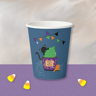 Cute Black Cat Halloween Blue Paper Cup