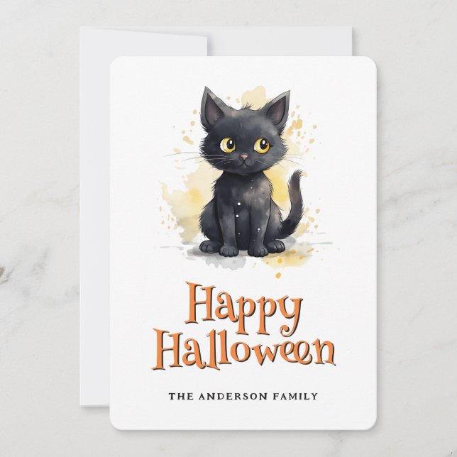 Cute Black Cat Halloween Card (Front)