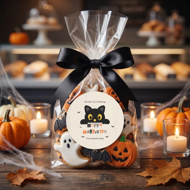Cute Black Cat Halloween Classic Round Sticker (Creator Uploaded)