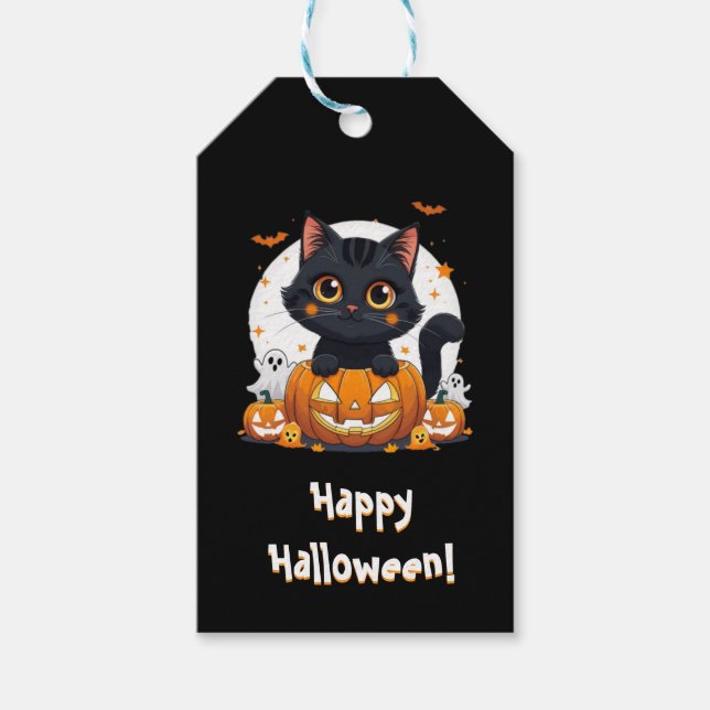 Cute Black Cat Halloween gift tag Kawaii Pumpkin  (Front)