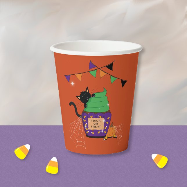 Cute Black Cat Halloween Orange Paper Cup (Fun orange Halloween paper cup with a black cat .)