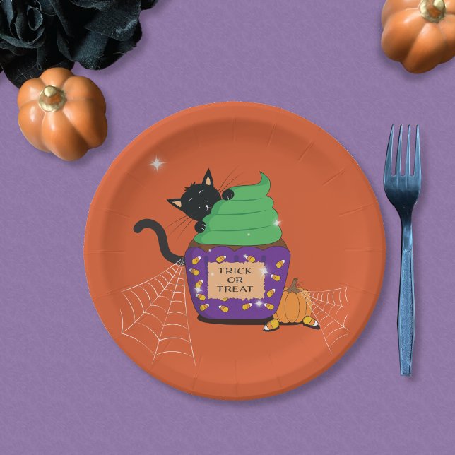 Cute Black Cat Halloween Orange Paper Plate (Cute orange Halloween paper plate with a black cat .)
