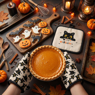 Cute Black Cat Halloween Oven Mitt & Pot Holder Set