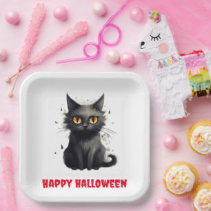 Cute Black Cat Halloween Paper Plate
