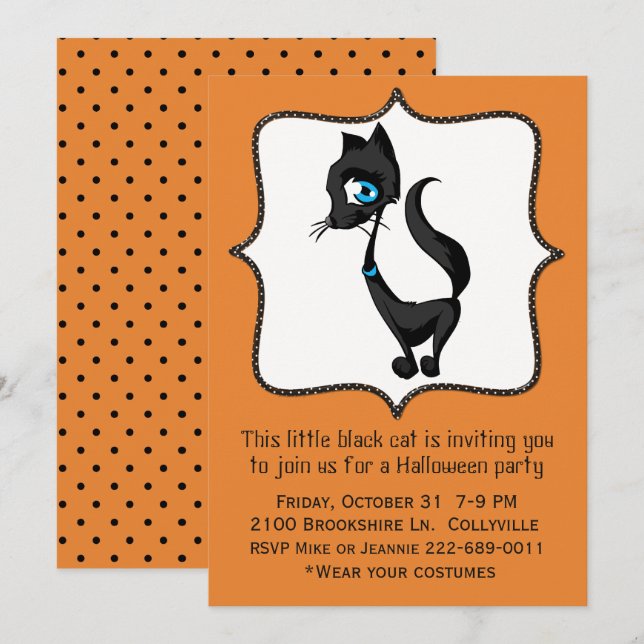 Cute Black Cat Halloween Party Invitation (Front/Back)