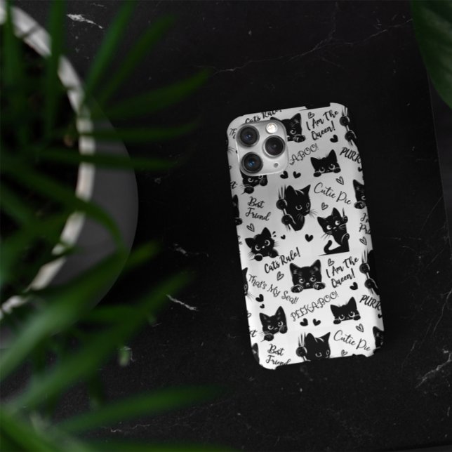 Cute Black Cat Halloween Pattern for Cat Lovers Case-Mate iPhone Case (Cute Black Cats and Sayings with Hearts Pattern  for Cat Lovers and Halloween iPhone 15 Pro Max Case)