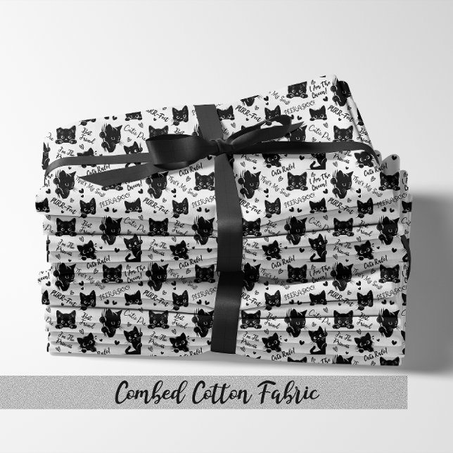 Cute Black Cat Halloween Pattern for Cat Lovers Fabric (Cute Black Cats and Sayings with Hearts Pattern  for Cat Lovers and Halloween Combed Cotton Fabric)
