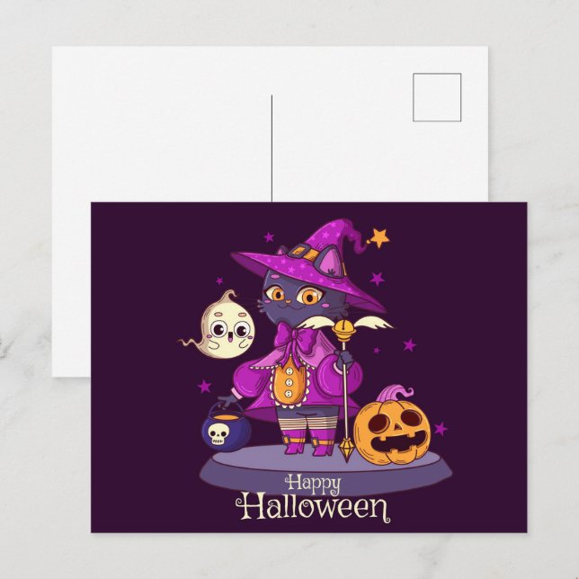 Cute Black Cat Halloween Postcard (Front/Back)