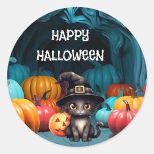 cute black cat Halloween pumpkin lantern Classic Round Sticker
