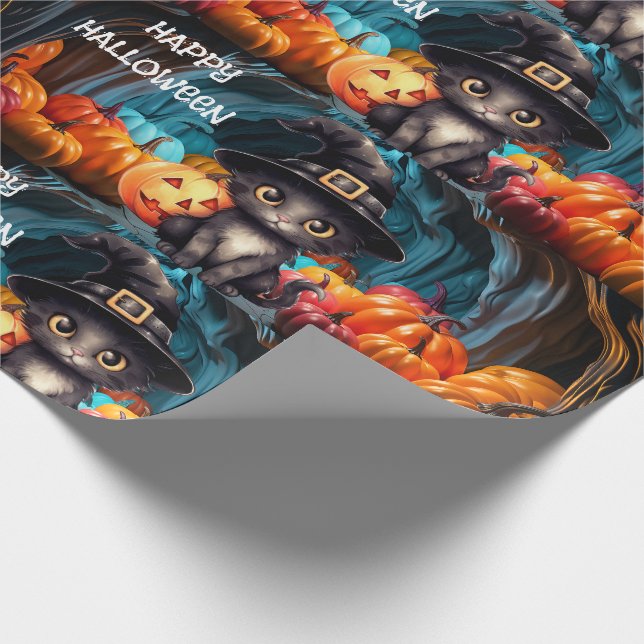 cute black cat Halloween pumpkin lantern Wrapping Paper (Corner)