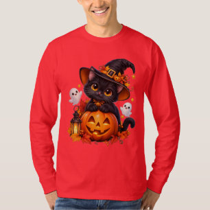 Cute Black Cat Halloween Pumpkin Long Sleeve T-Shi T-Shirt