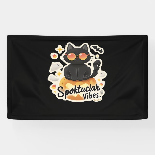 Cute Black Cat Halloween Pumpkin Oversized T-Shirt Banner (Horizontal)