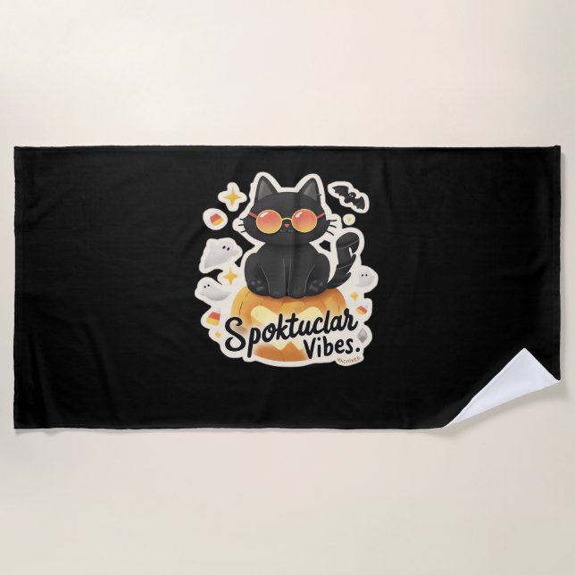 Cute Black Cat Halloween Pumpkin Oversized T-Shirt Beach Towel (Front)