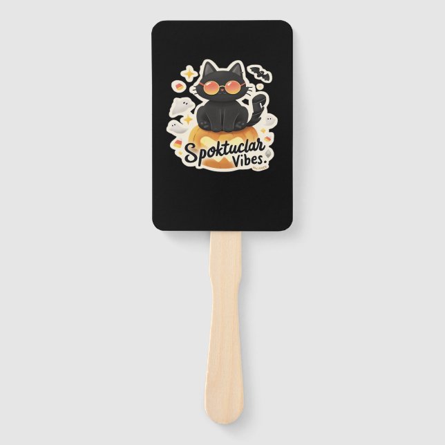 Cute Black Cat Halloween Pumpkin Oversized T-Shirt Hand Fan (Front)