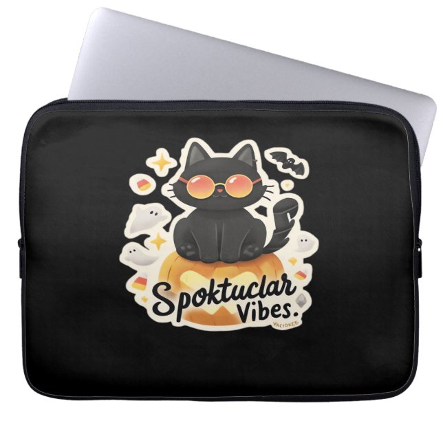 Cute Black Cat Halloween Pumpkin Oversized T-Shirt Laptop Sleeve (Front)