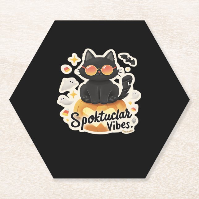 Cute Black Cat Halloween Pumpkin Oversized T-Shirt Paper Coaster (Front)