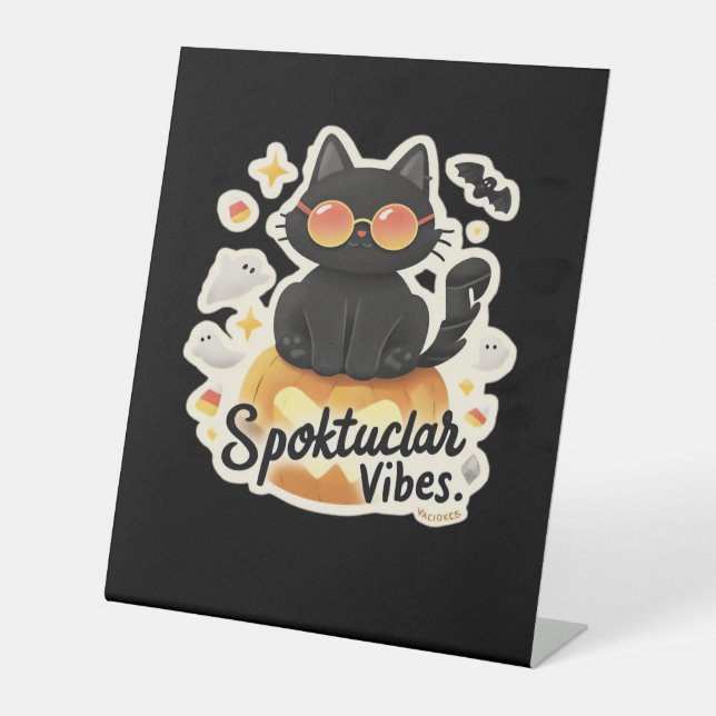 Cute Black Cat Halloween Pumpkin Oversized T-Shirt Pedestal Sign (Front)