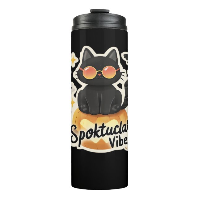 Cute Black Cat Halloween Pumpkin Oversized T-Shirt Thermal Tumbler (Front)