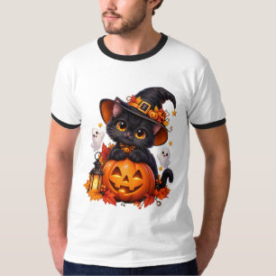 Cute Black Cat Halloween Pumpkin Ringer T-Shirt