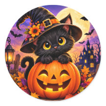 Cute Black Cat Halloween Pumpkin Witch Hat