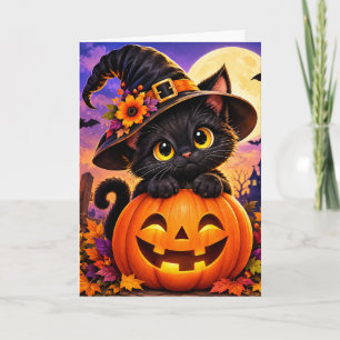 Cute Black Cat Halloween Pumpkin Witch Hat Spooky  Holiday Card