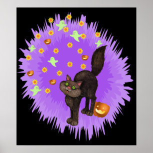 Cute Black Cat Halloween Purple Star Burst Poster