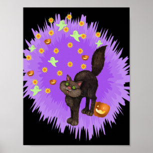 Cute Black Cat Halloween Purple Star Burst Poster